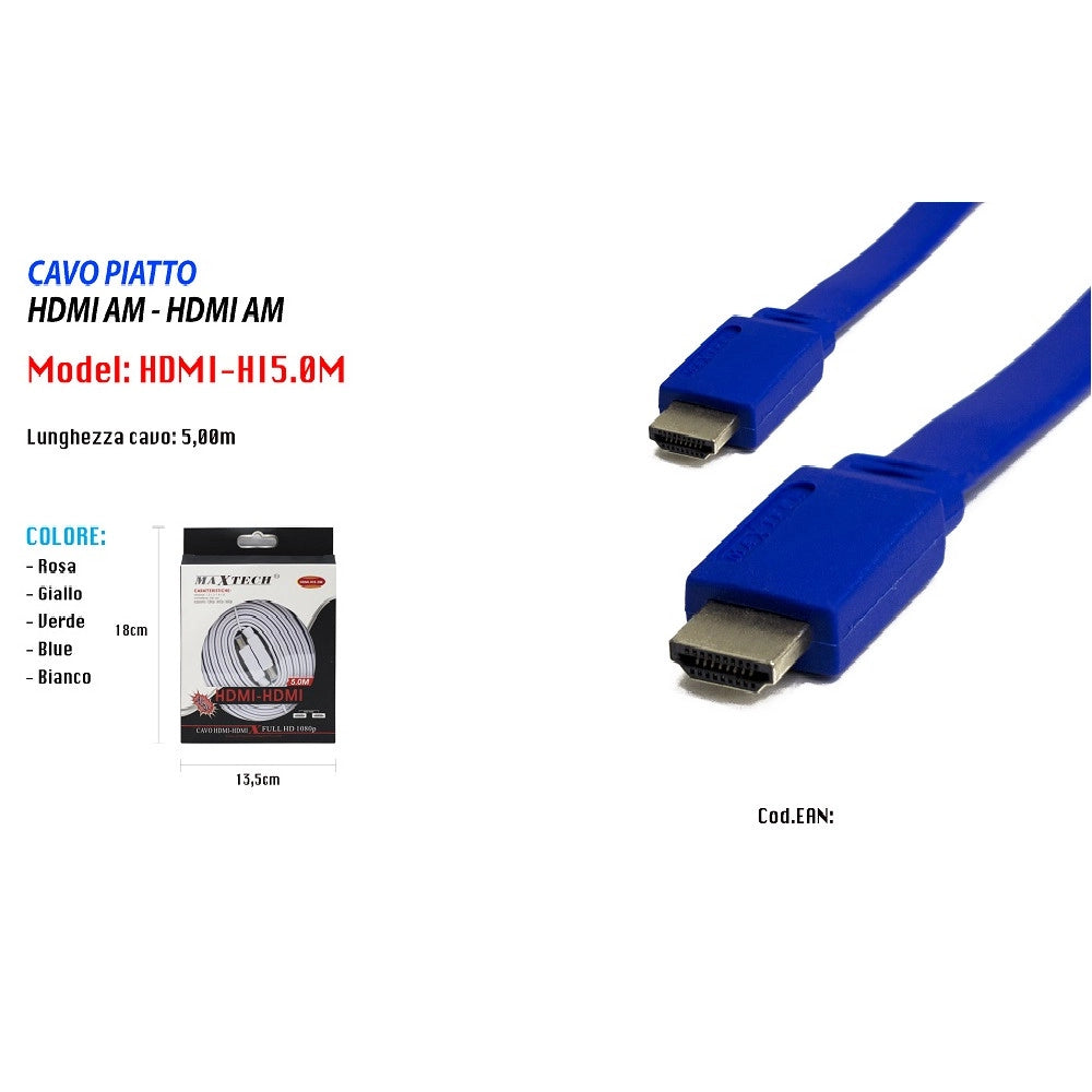 Trade Shop - Cavo Hdmi-hdmi Full Hd 1080p Piatto 24k Tv Xbox Video 5metri Maxtech Hdmi-hi5.0m -