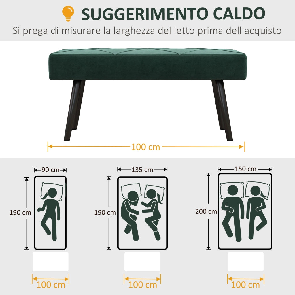 Divano imbottito in tessuto effetto velluto e acciaio ¨C Zephmum ¨C Verde e nero, 100x36x45 cm