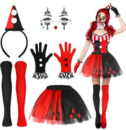 Set di Costumi da Clown 5 pezzi - Costume da Halloween - Costume da Teatro - Donna/Bambina - Cappello/Benda per la Testa - Sticker per il Viso in Gioielli - Costume da Teatro