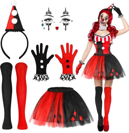 Set di Costumi da Clown 5 pezzi - Costume da Halloween - Costume da Teatro - Donna/Bambina - Cappello/Benda per la Testa - Sticker per il Viso in Gioielli - Costume da Teatro