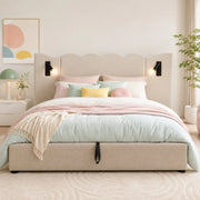 Letto matrimoniale imbottito 180x200 cm in lino beige con lampada da lettura e USB-C
