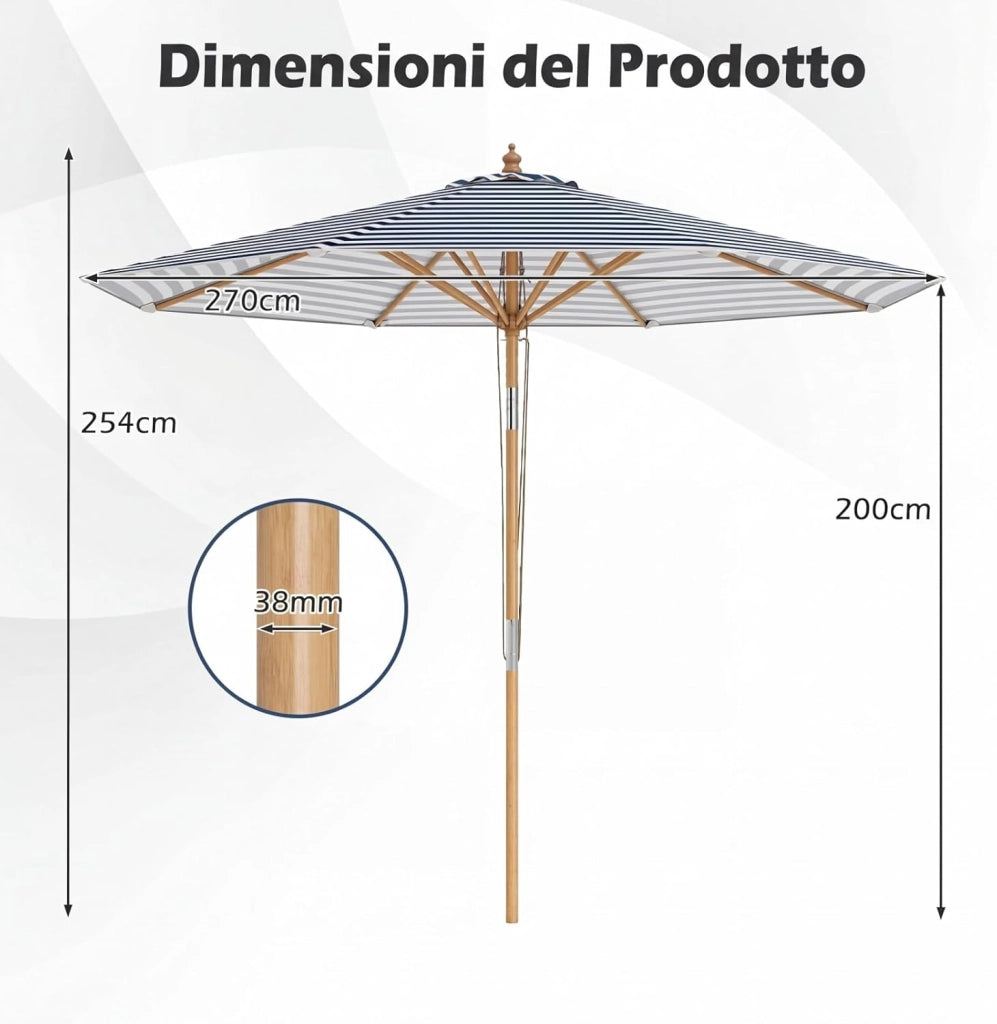 Ombrellone da Giardino 280 cm, Ombrellone Inclinazione Regolabile a 30°, con 8 Stecche, per Spiaggia Piscina Cortile (Binaco+Blu)