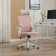 Sedia da ufficio ergonomica in rete con supporto lombare regolabile, braccioli pieghevoli e ruote silenziose rosa