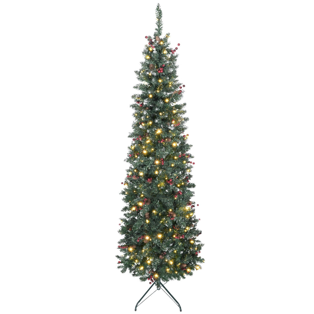 Albero di Natale 210 cm con Luci LED 8 Modi ¨C zephmum ¨C Verde con Ramaglie Argentate e Pigne