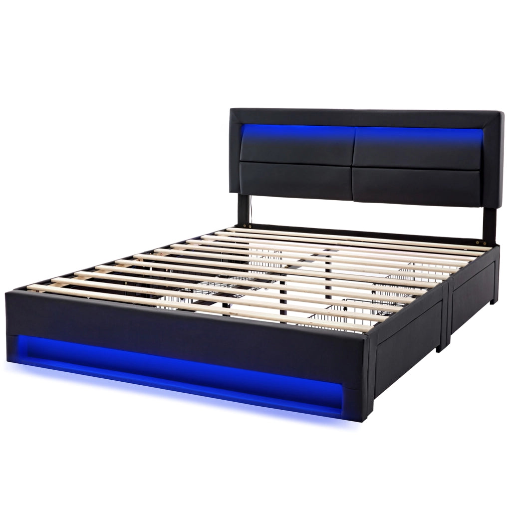 Letto imbottito 140x200 cm con LED; ricarica USB e wireless; 4 cassetti; similpelle nera