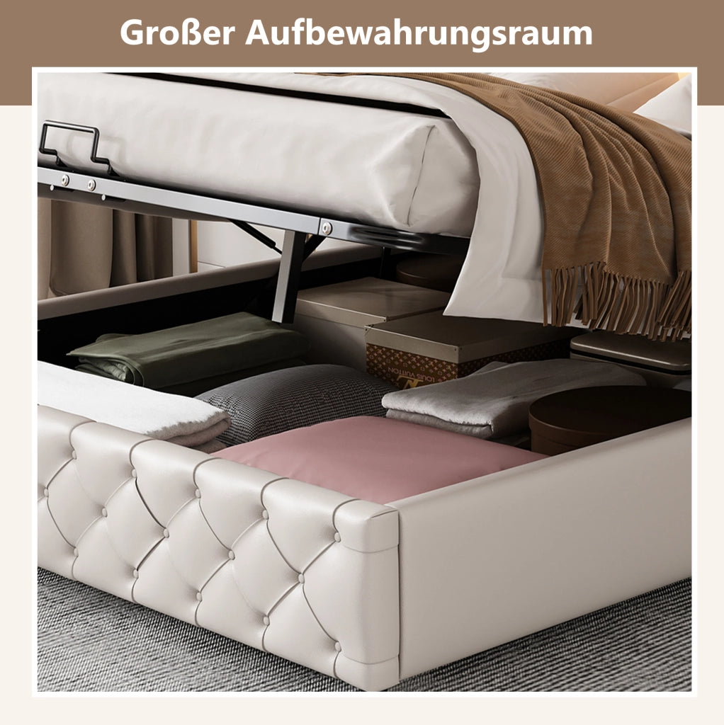 Letto imbottito 160x200 cm con LED e vano contenitore, bianco