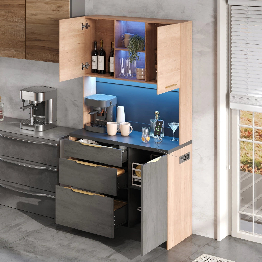 Credenza alta da cucina 100x40x180 cm in MDF, finitura moderna, piano nero, LED regolabile e presa EU