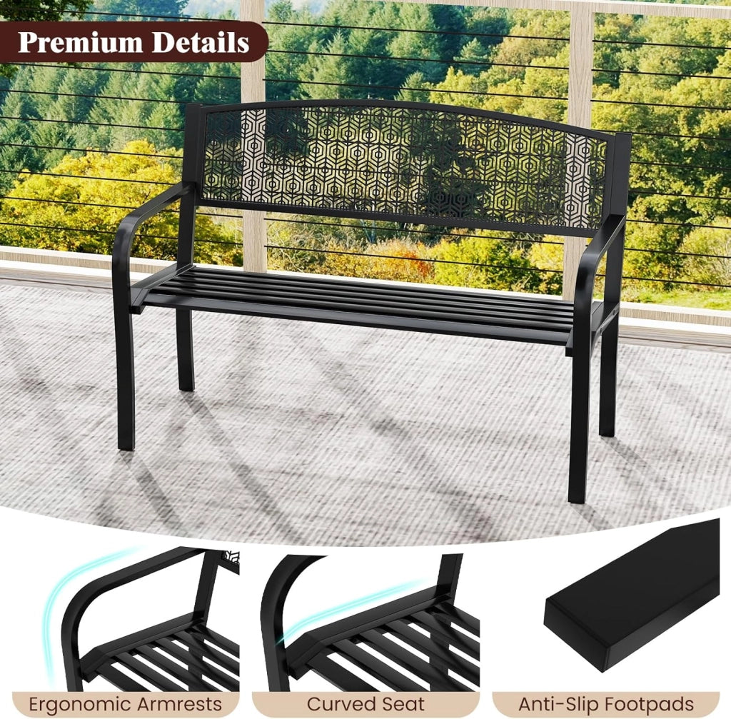 Panca da giardino in metallo a 2 posti, con braccioli comodi e seduta curva, seduta a doghe e schienale elegante, per 2-3 persone, panchina per parco, patio, balcone (nero)