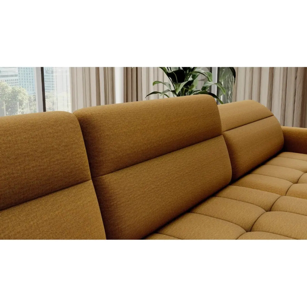 Canapé d'angle convertible BERTHO 306 cm giallo aranciato – Angolo destro con contenitore