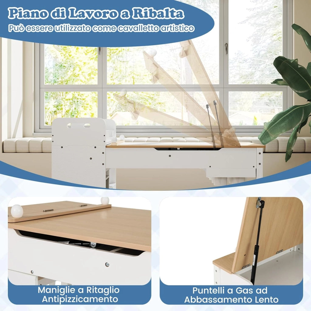 Set Tavolo e Sedie per Bambini con Rotolo di Carta, Tavolino per Cameretta con 2 Sedie, Piano Ribaltabile, Ripiani, 8 Bicchieri per Pittura, 2 Cassetti Nascosti e 2 Ceste di Tessuto (Naturale)