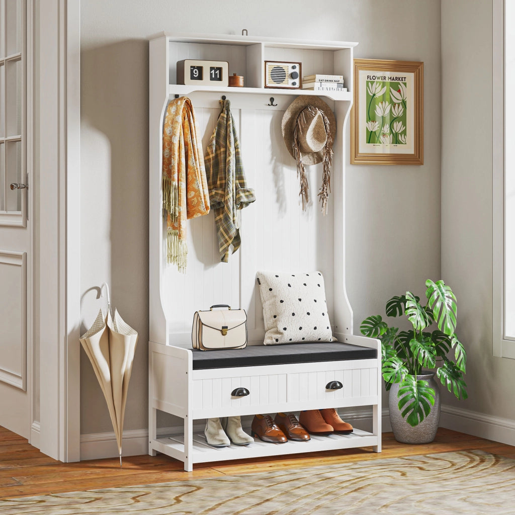 Appendiabiti da ingresso 2 in 1 con panca porta scarpe, ripiani e cassetti, struttura in MDF, bianco