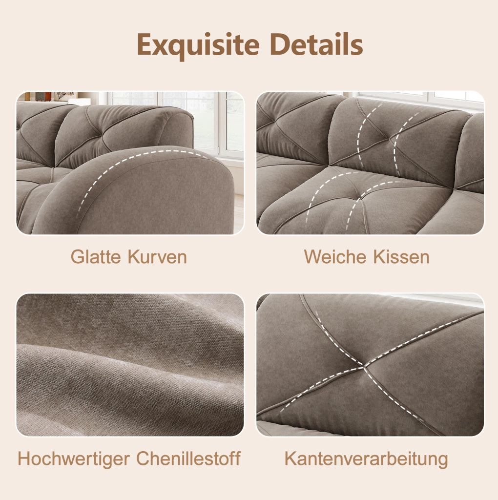 Divano modulare angolare in chenille taupe; 4 posti con pouf; senza montaggio