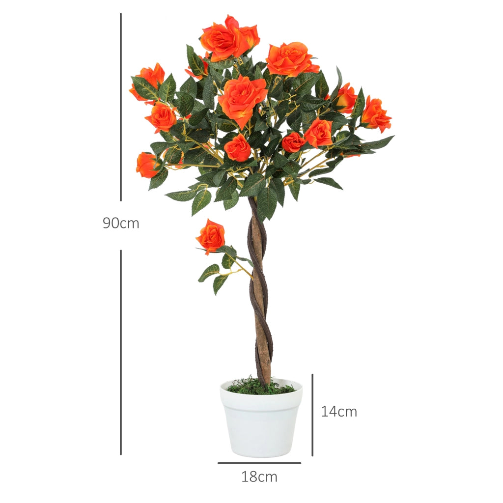 Set 2 Piante Artificiali Camelie con 21 Fiori per Interni con Vaso in PE Arancione