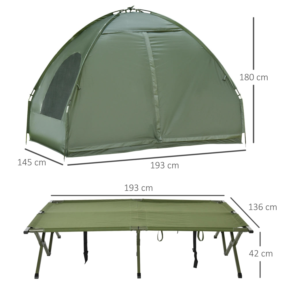Set campeggio per 2 persone con letto da campo, tenda, materasso ad aria e pompa a pedale, verde