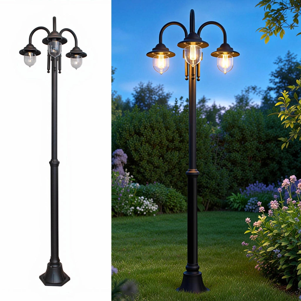 Lampione da Giardino 3 Luci Impermeabile E27 IP54 Lanterna Vintage Luce Viale Cortile Altezza Regolabile 200cm colore NERO