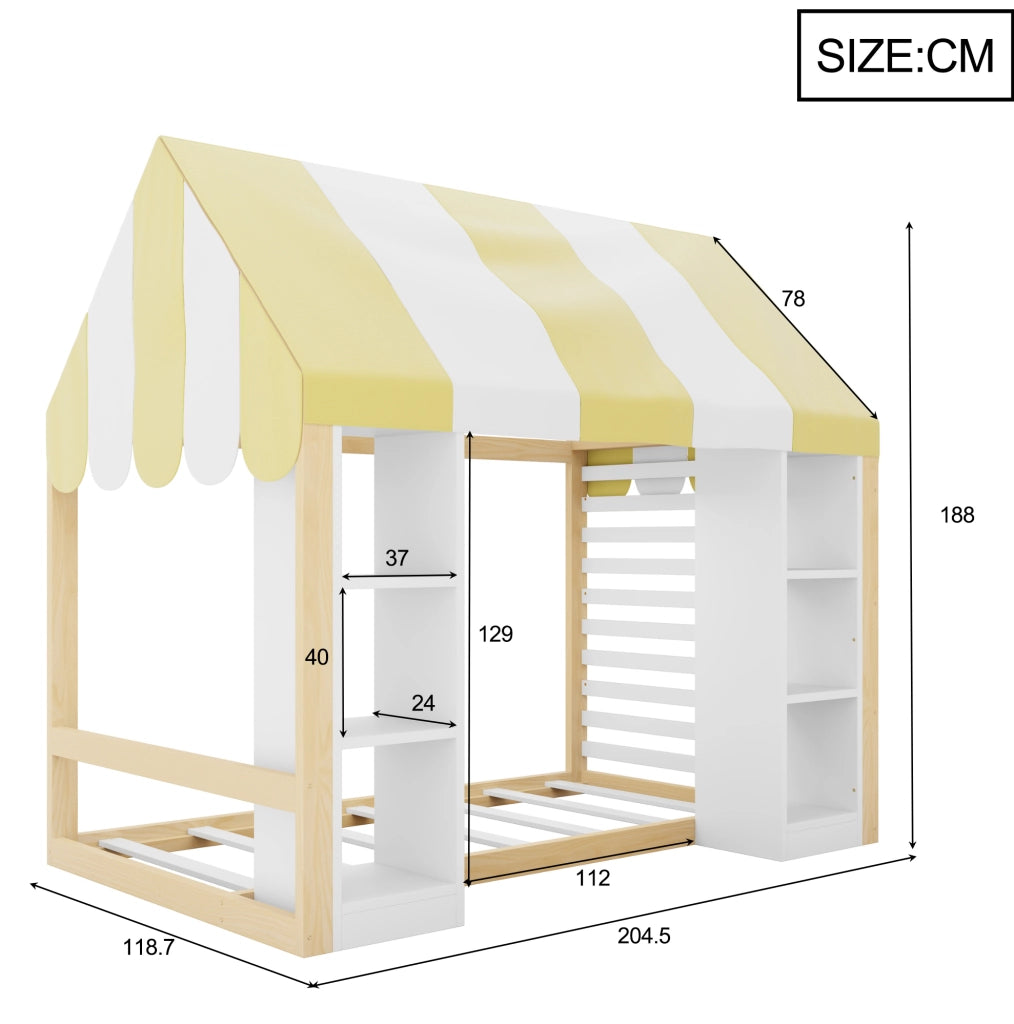 Letto bambini 90x200 cm con baldacchino e vani portaoggetti; bianco e colore naturale