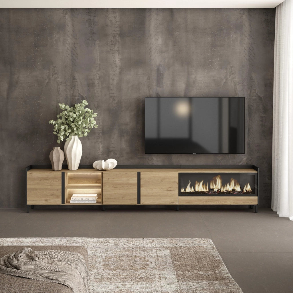 Mobile TV Soggiorno, 315x61x35 cm, Per TV fino a 80", Camino elettrico XXL, Design industriale, LED, Rovere e nero