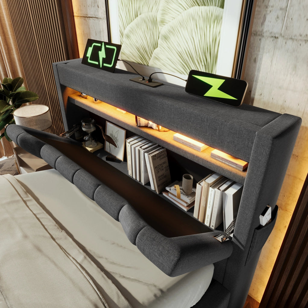 Letto singolo imbottito ULEVR 90x200 cm con contenitore idraulico, LED, 3 USB e Type-C, lino grigio