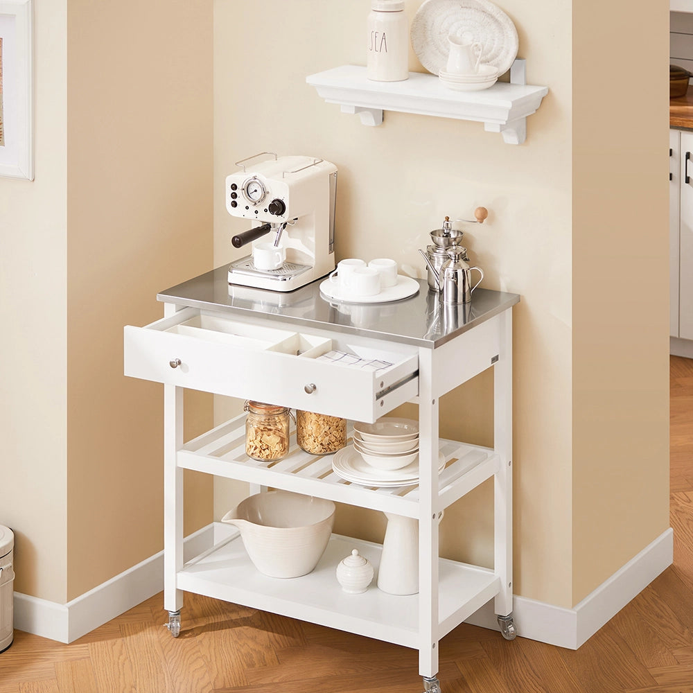 SoBuy Carrello Cucina con Ruote Isola Cucina Salvaspazio Bianca con Piano in Acciaio Inox Mobiletto Cucina con Cassetti Mobile Cucina per Dispensa, Ingresso o Giardino 81x90x45cm FKW47-II-W