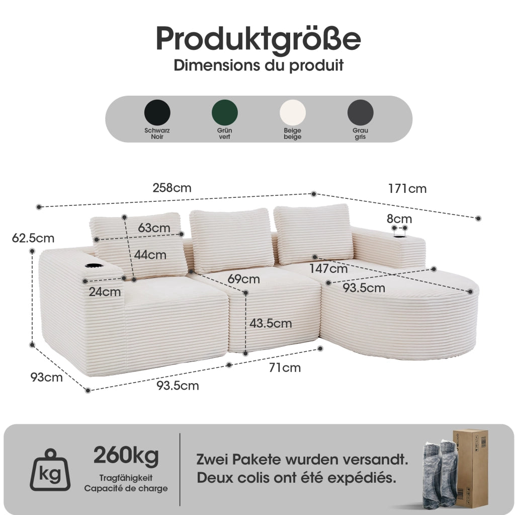 Divano imbottito in poliestere beige con 3 cuscini e portabicchieri HOMVRA