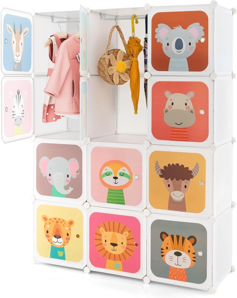 Guardaroba Portatile per Bambini, Armadio Portatile con 12 Cubi, Organizzatore Modulari per Camera dei Bambini Soggiorno, 109 x 35 x 145 cm (Bianco)