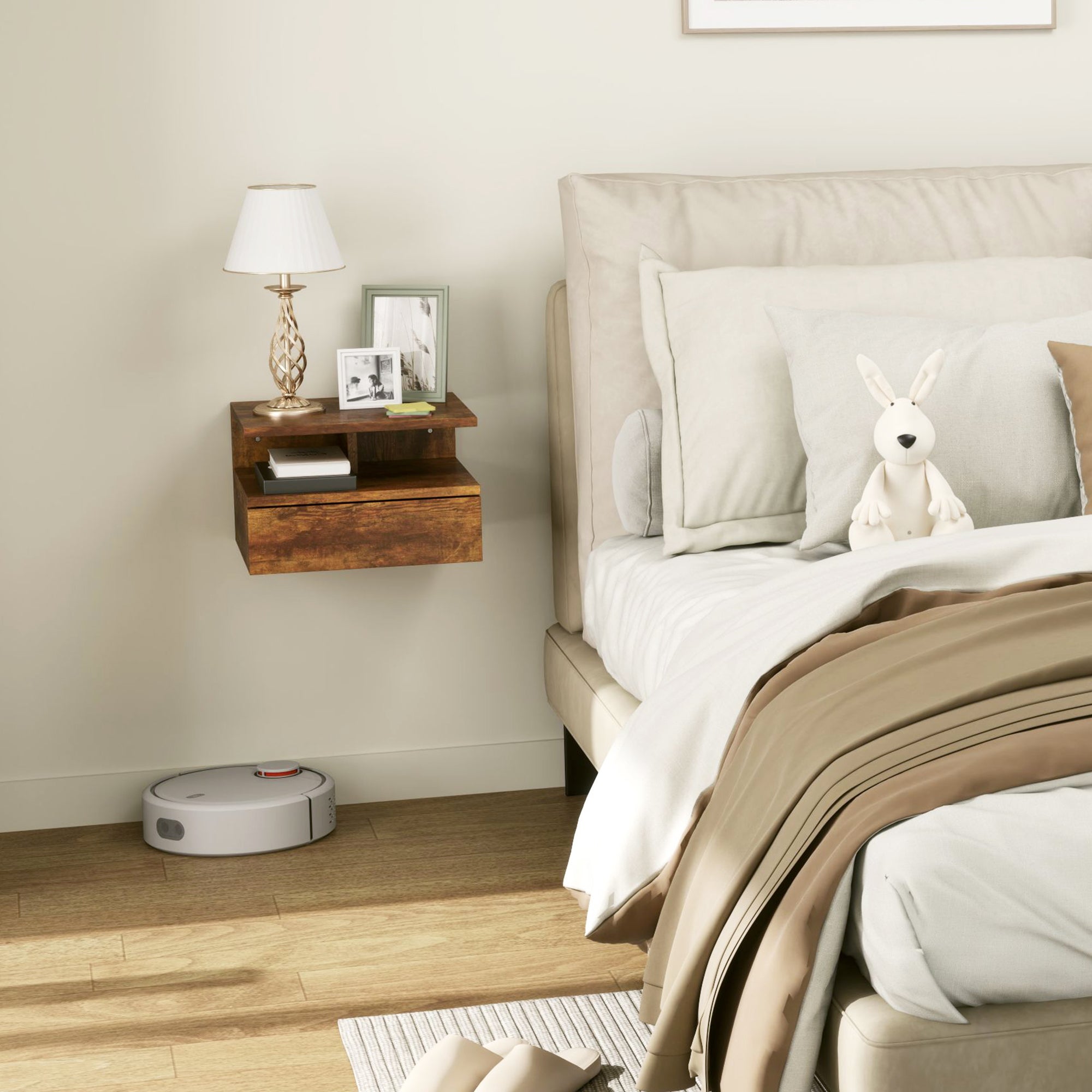 Set 2 Comodini Sospesi per Camera da Letto 35x32x22,5 cm con Cassetto in Legno Marrone