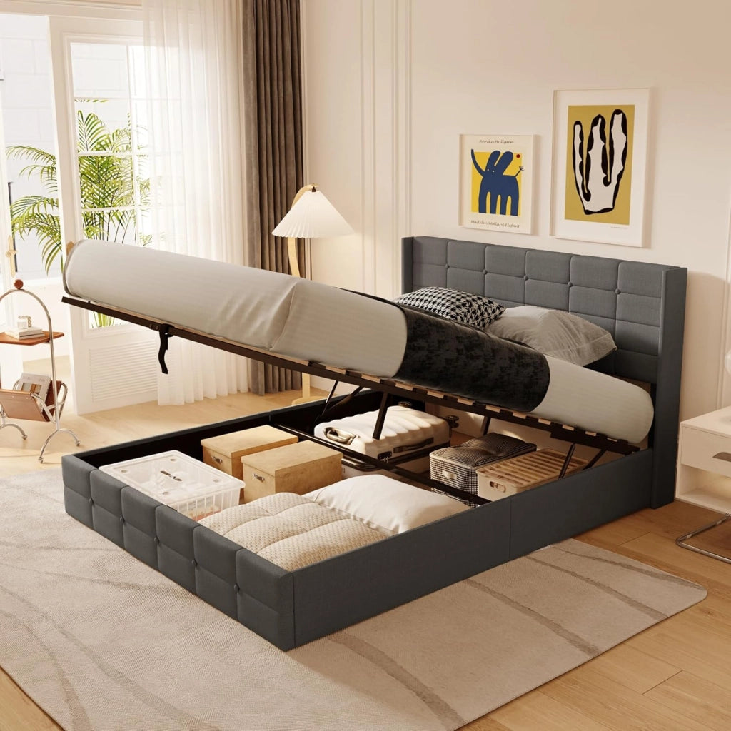 Letto contenitore idraulico 140 x 200CM, letto matrimoniale imbottito con testiera e contenitore, giroletto con rete a doghe, letto per ragazzi, senza materasso (Beige, 120X200)