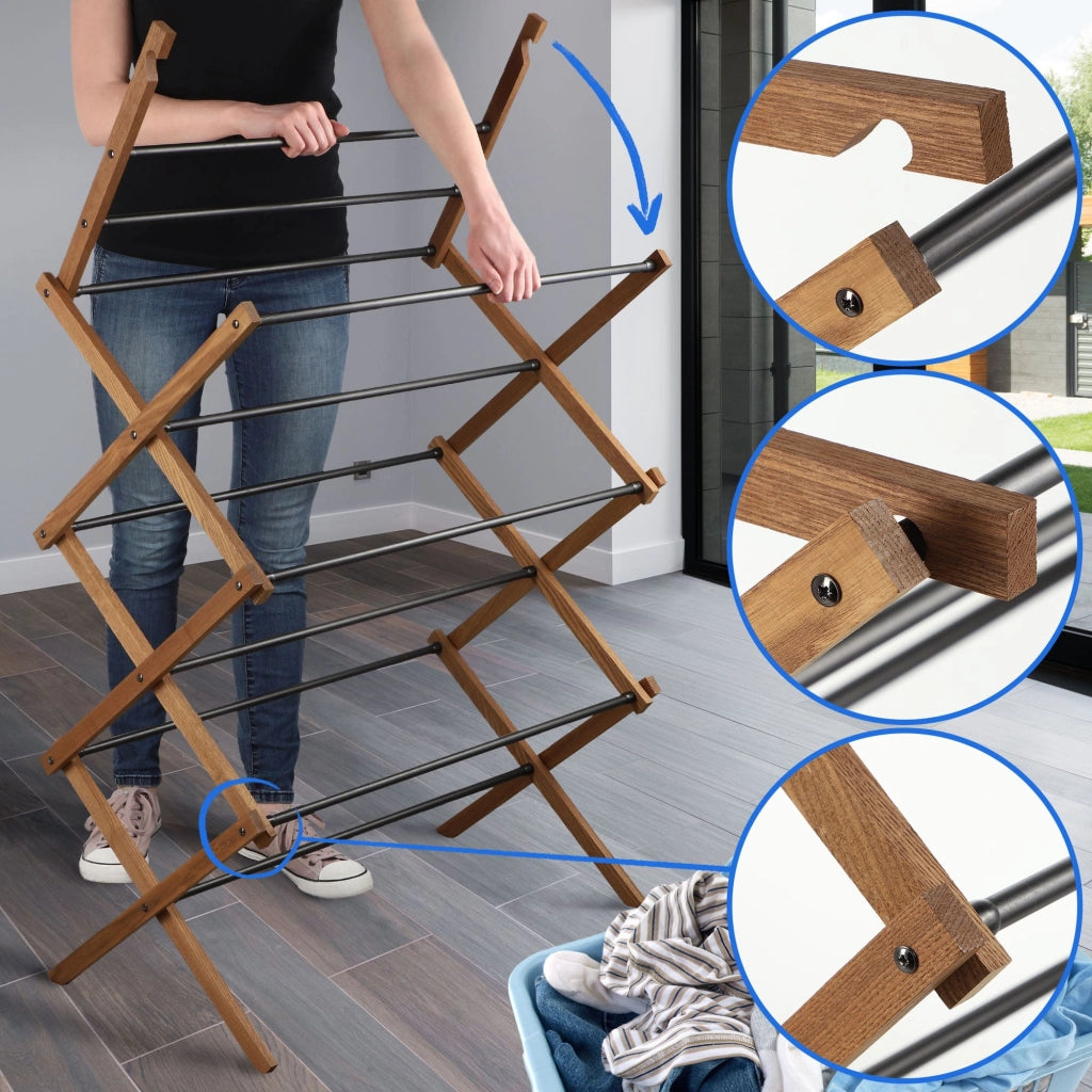 Stendibiancheria verticale pieghevole KADAX a 11 barre in legno