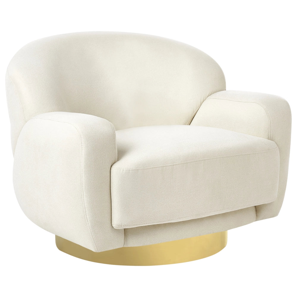 Poltrona in tessuto beige chiaro con base dorata stile retro glam art decor