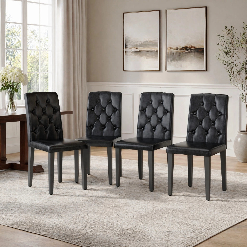 Set 4 sedie da pranzo nere in PU con schienale trapuntato; gambe in metallo; 89 cm