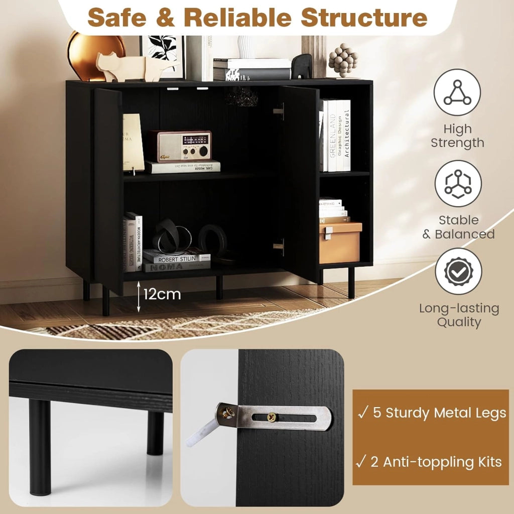 Credenza a buffet da cucina con 2 ante, armadio con ripiani regolabili e gambe metalliche, 106 x 38 x 80 cm, con kit antiribaltamento, mobile per sala da pranzo, soggiorno (nero)