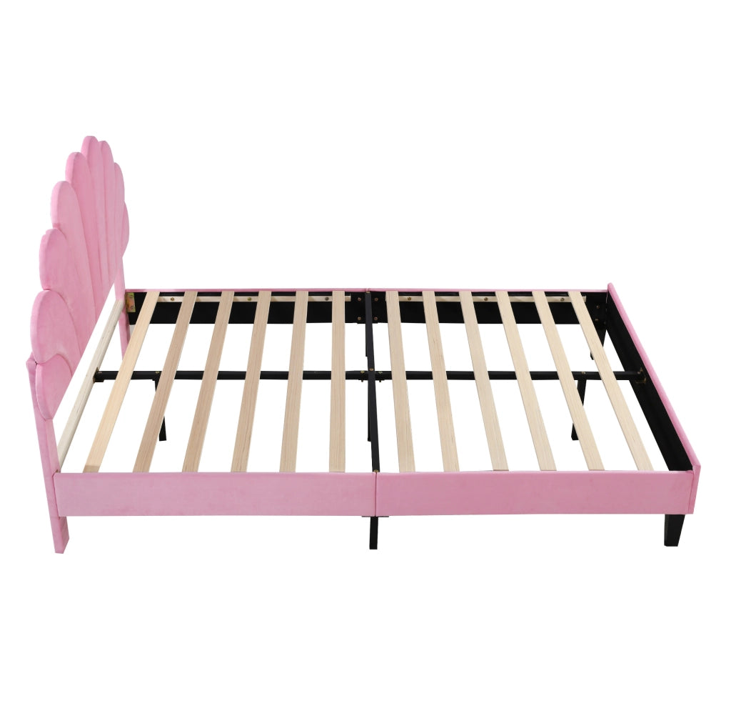 Letto matrimoniale imbottito 140x200 cm; testiera floreale; velluto rosa (Senza materasso)