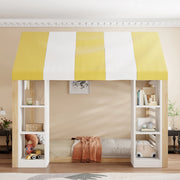 Letto bambini 90x200 cm con baldacchino e vani portaoggetti; bianco e colore naturale