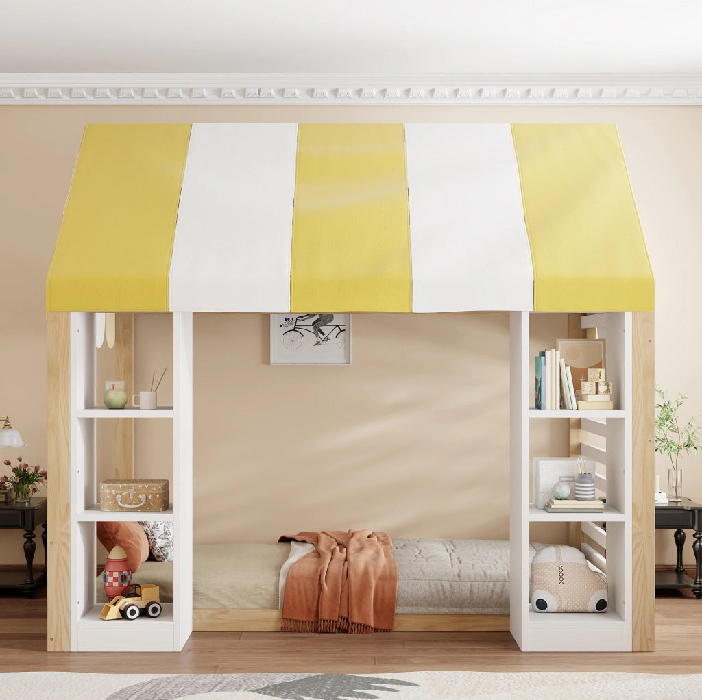 Letto bambini 90x200 cm con baldacchino e vani portaoggetti; bianco e colore naturale