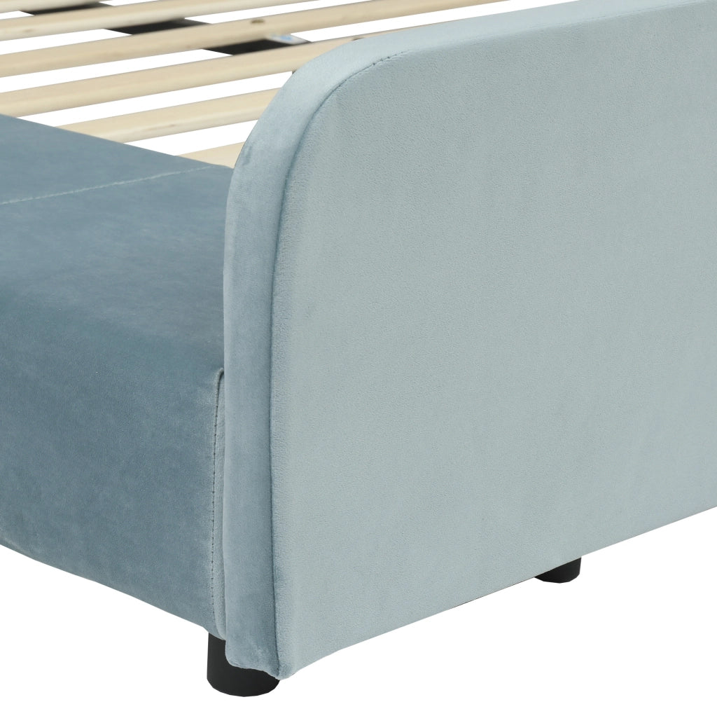 Letto singolo imbottito con scrivania laterale e sgabello, 140x200 cm, velluto blu