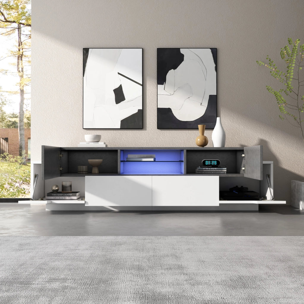 Mobile TV LED 180 cm bianco e grigio effetto marmo con ripiani in vetro