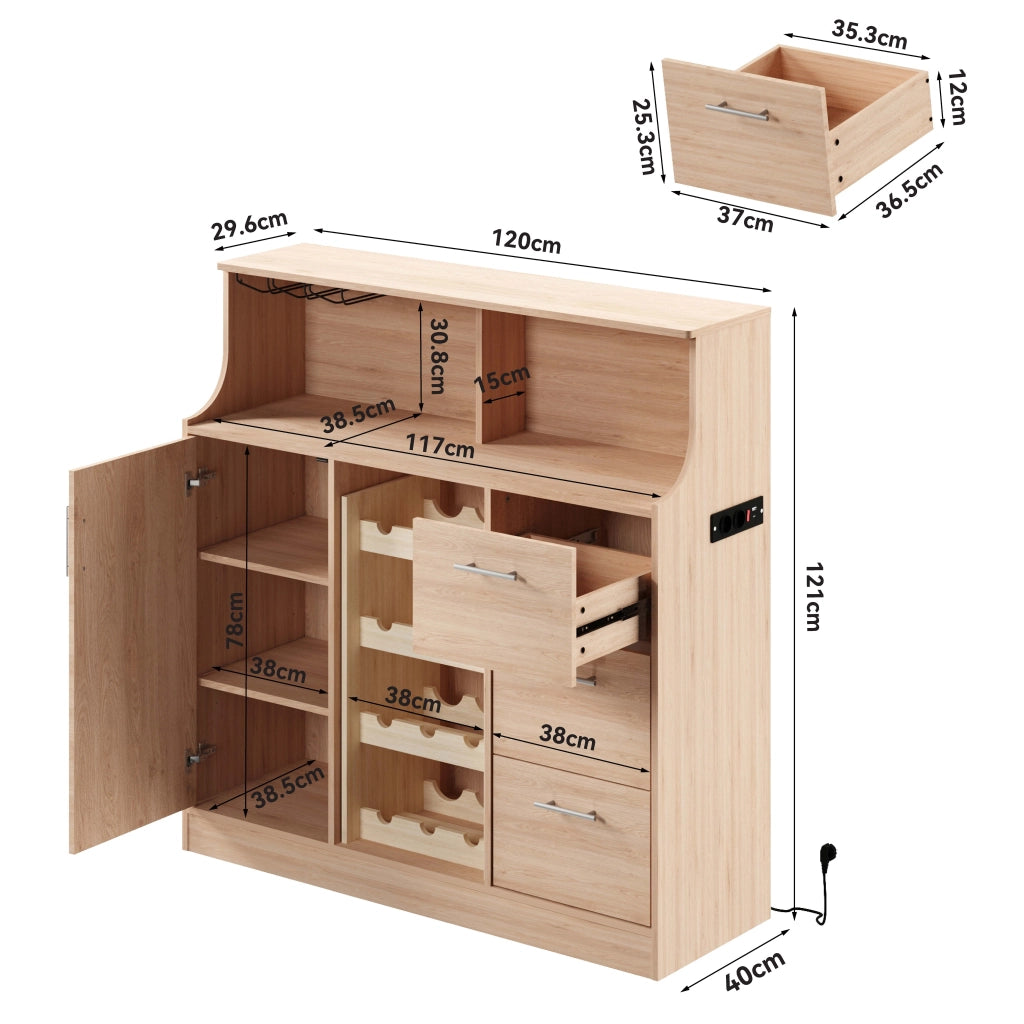 Mobile bar con LED, presa elettrica e portabicchieri, per cucina e soggiorno, in MDF naturale e bianco 120 × 40 × 121 cm