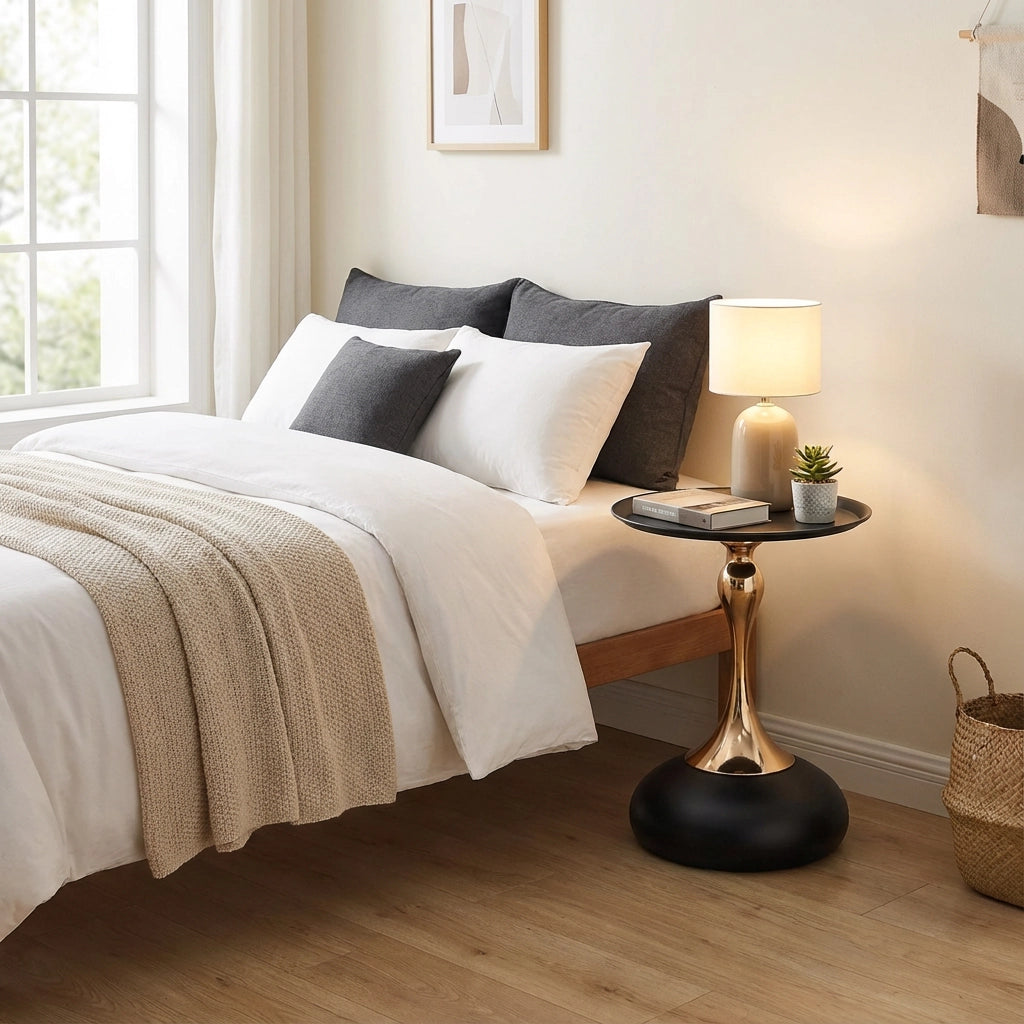 Tavolino basso rotondo con struttura in metallo, stile moderno, per soggiorno e camera da letto, in carbon steel, nero e oro