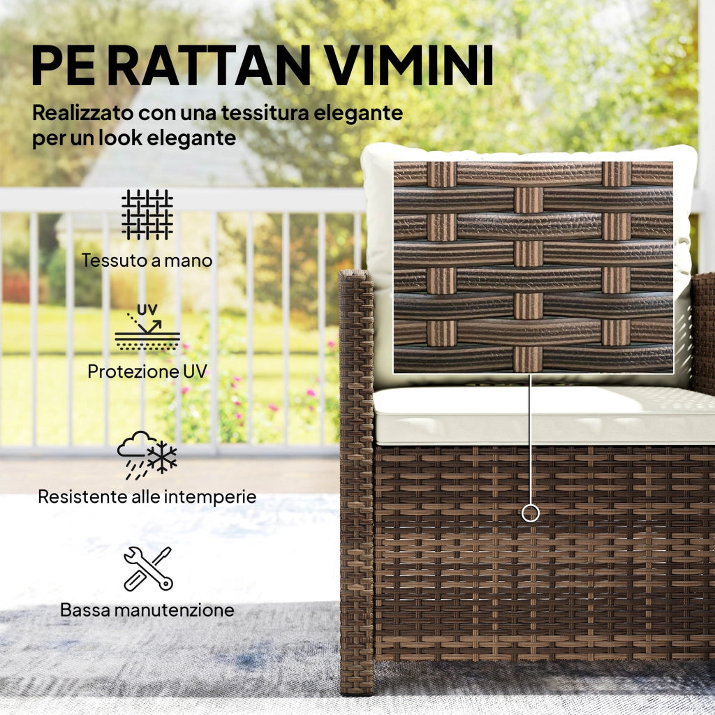 Set da Giardino 3pz in Rattan PE e Acciaio con 2 Poltrone con Cuscini e Tavolino da Caff¨¨, Marrone e Crema