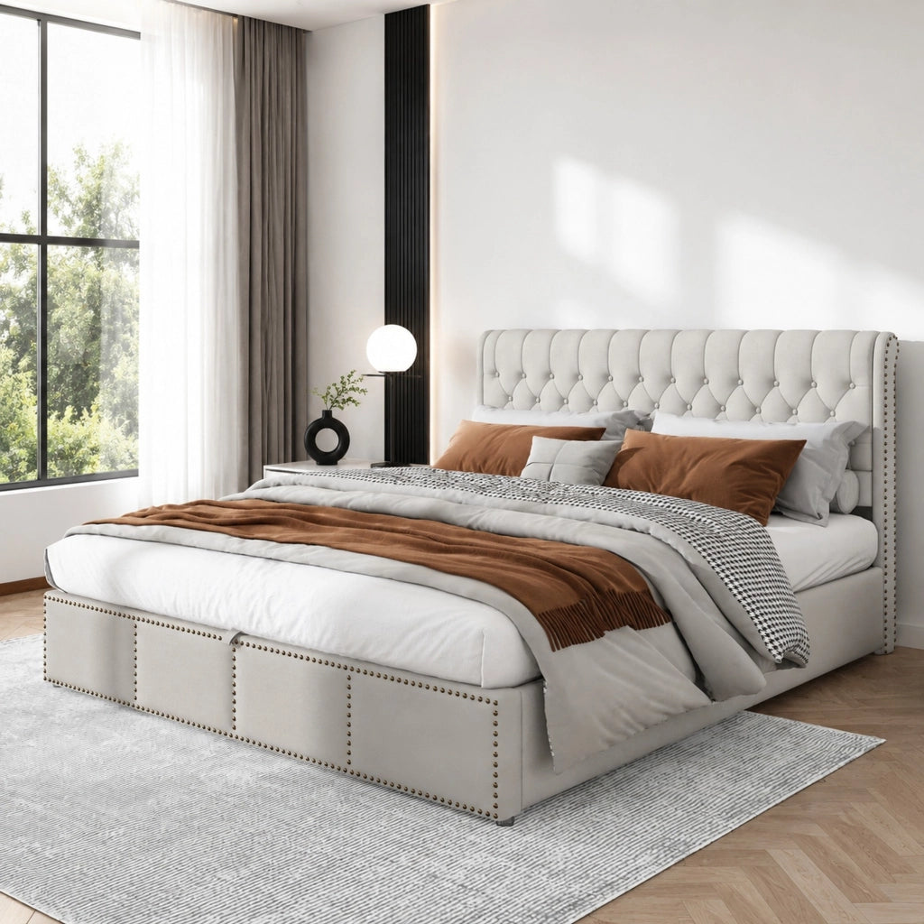 Letto contenitore 180x200 cm in cotone-lino; con rete a doghe; senza materasso; grigio