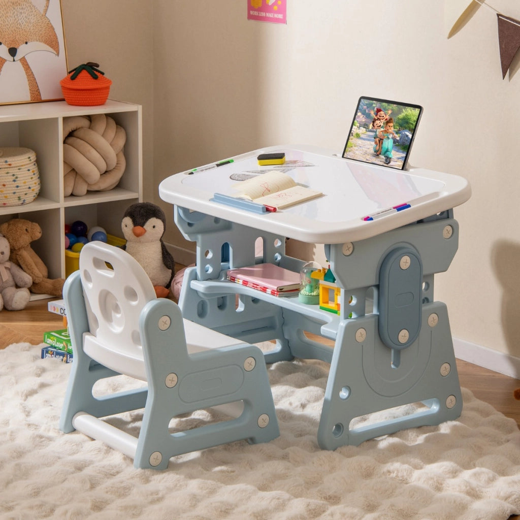 Tavolo da disegno regolabile in altezza per bambini con lavagna inclinabile, Set tavolo e sedia per bambini di 3+ anni Blu-Tavoli e sedie