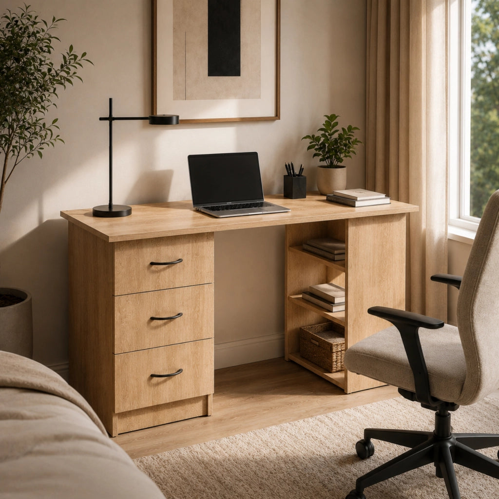 Scrivania Moderna Con 3 Cassetti E 3 Vani A Giorno Scrittoio Struttura In MDF Resistente Design Minimal Ideale Per Ufficio Studio Cameretta E Smart Working 120 x 49 x 72 Cm Rovere