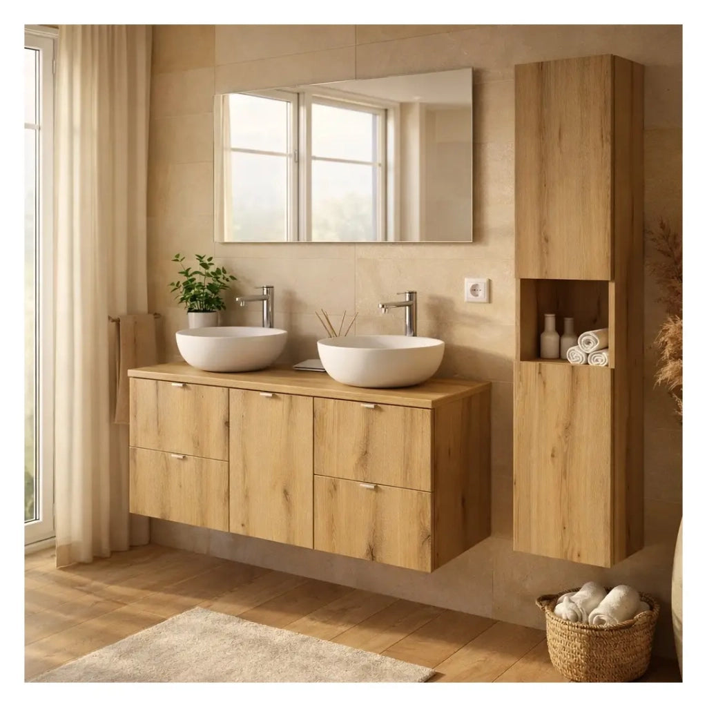 Set sospeso VANO effetto quercia 170cm: mobili sotto lavabo con cassetti e cesto per la biancheria integrato + piano per lavabo + colonna