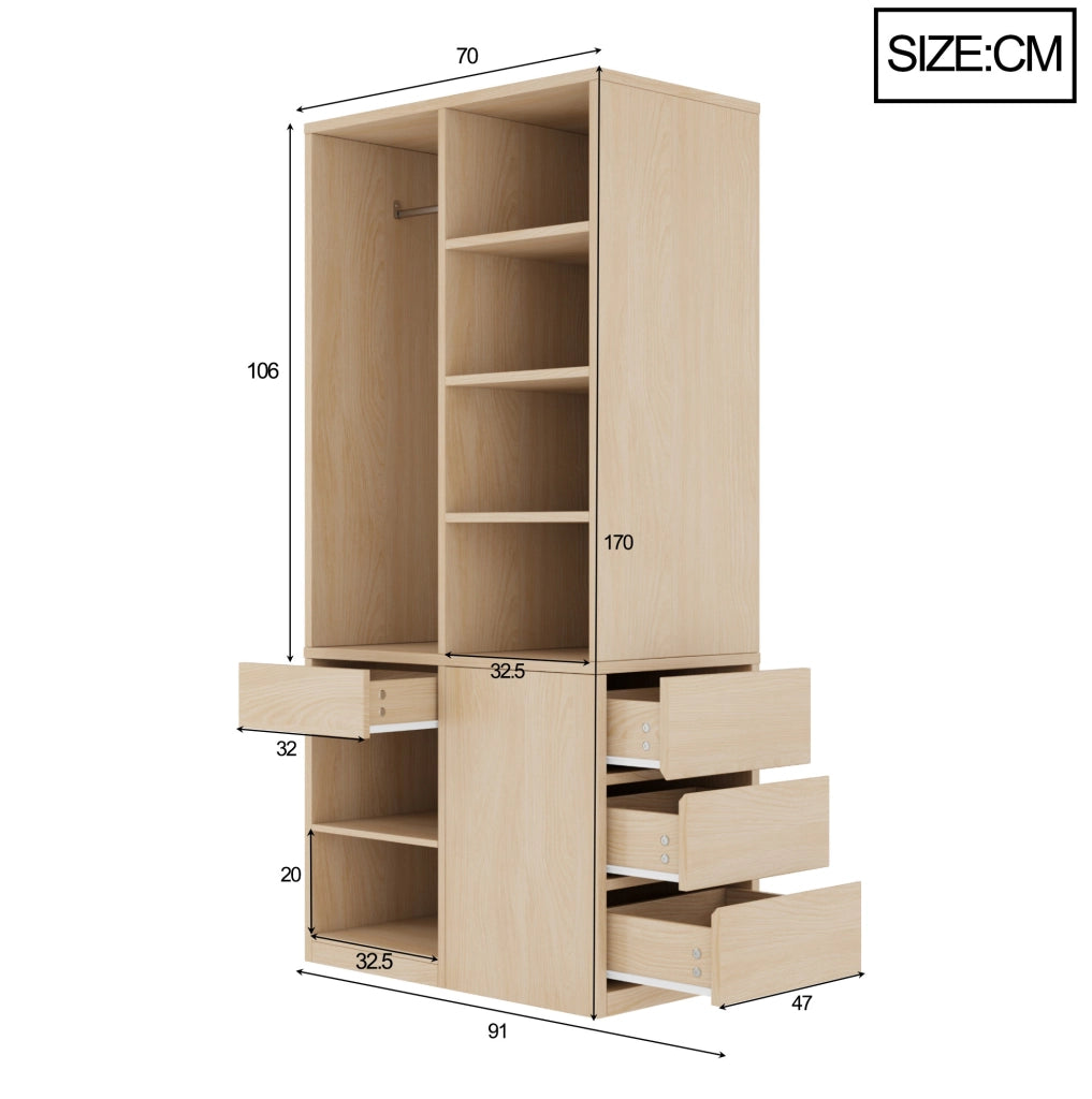 Armadio guardaroba 70x50x170 cm con appendiabiti; ripiani aperti e cassetti in MDF e compensato