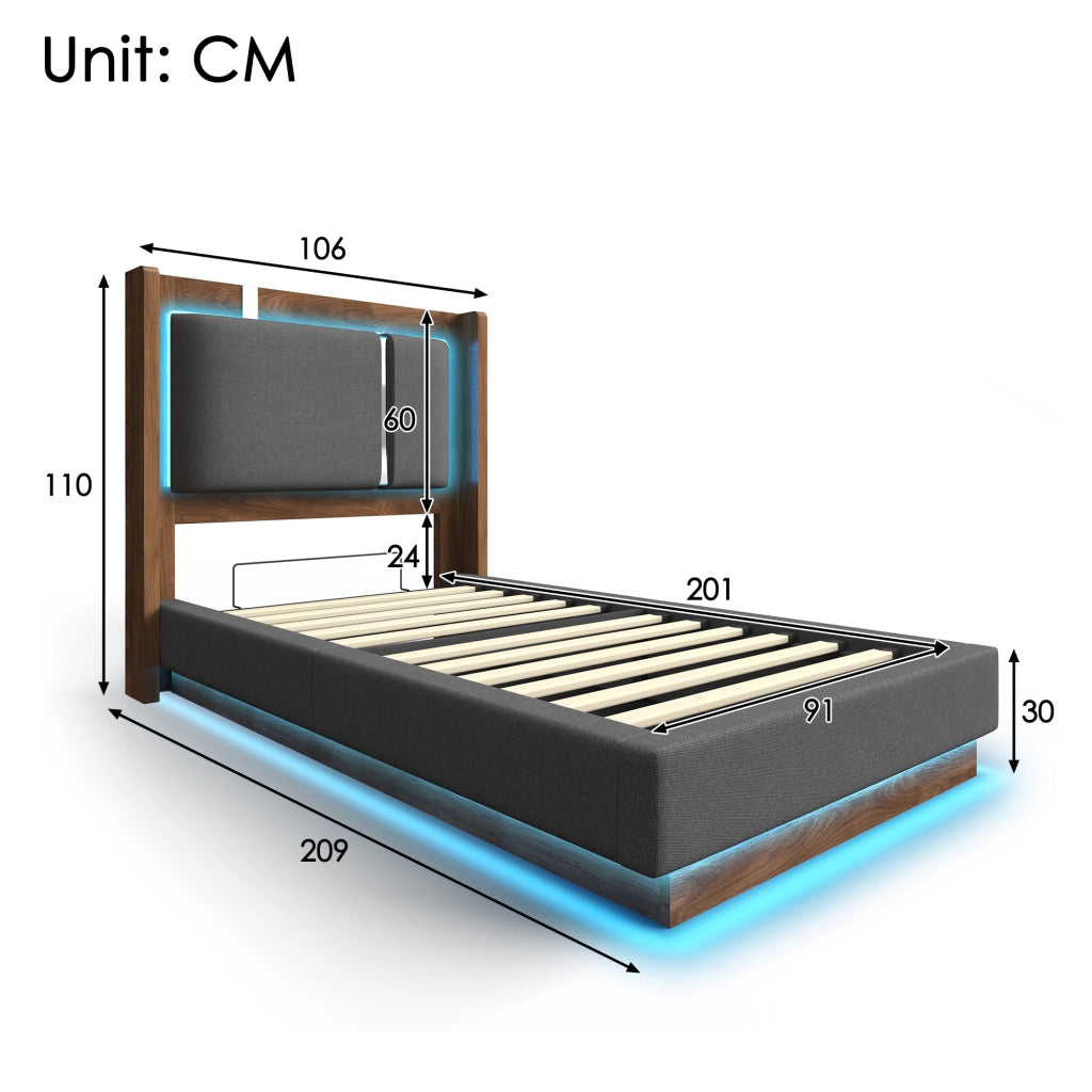 Letto contenitore 90 × 200 cm con LED, vano idraulico, senza materasso, in lino, grigio e noce