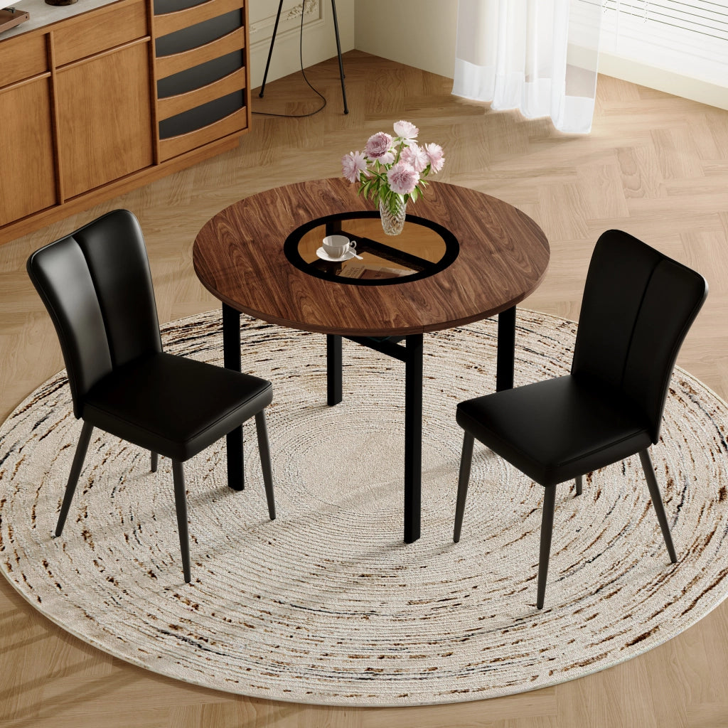 Tavolo da pranzo rotondo con 2 sedie, piano in mdf con inserto in vetro, per cucina e soggiorno, marrone e nero, diametro 100 cm
