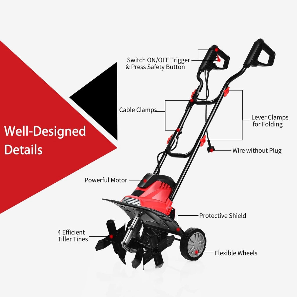 Motozappa Elettrica Pieghevole 1200W, Larghezza di Lavoro 36 cm Profondità di Lavoro 22 cm, 4 Lame, Zappatrice Elettrica per Orto e Giardino (Rosso, 36 x 40 cm, con Ruote)