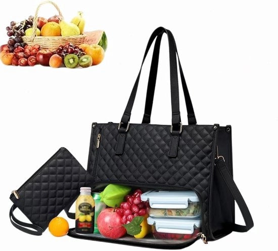 Borsa per lavoro per donne, con contenitore isolante per pasti, grande borsa per laptop con portafoglio per lavoro, ufficio, infermieristica (nero)