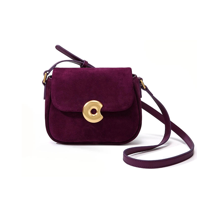 Borsa da donna in vera pelle, velluto satinato, colore viola