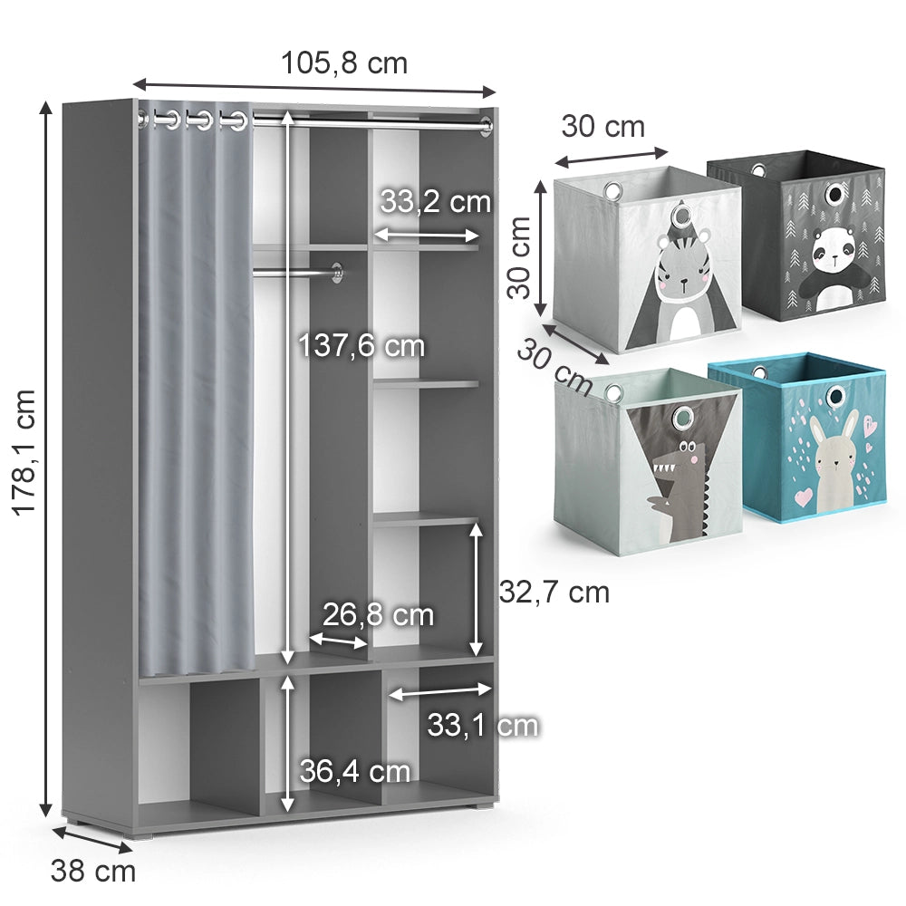 Vicco Guardaroba per bambini Grigio 38 x 178.1 cm Con cassetti pieghevoli (grigio)